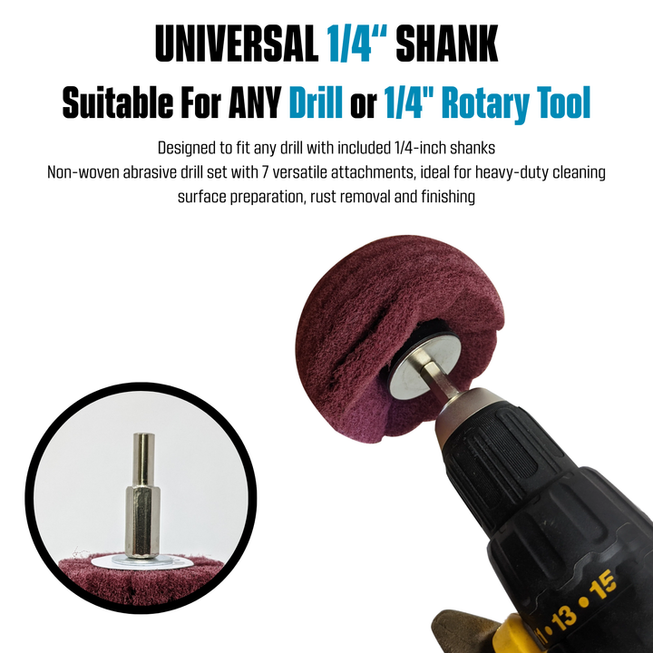 7pk Non Woven Abrasive Drill Buffing Attachment Set, Red, Medium