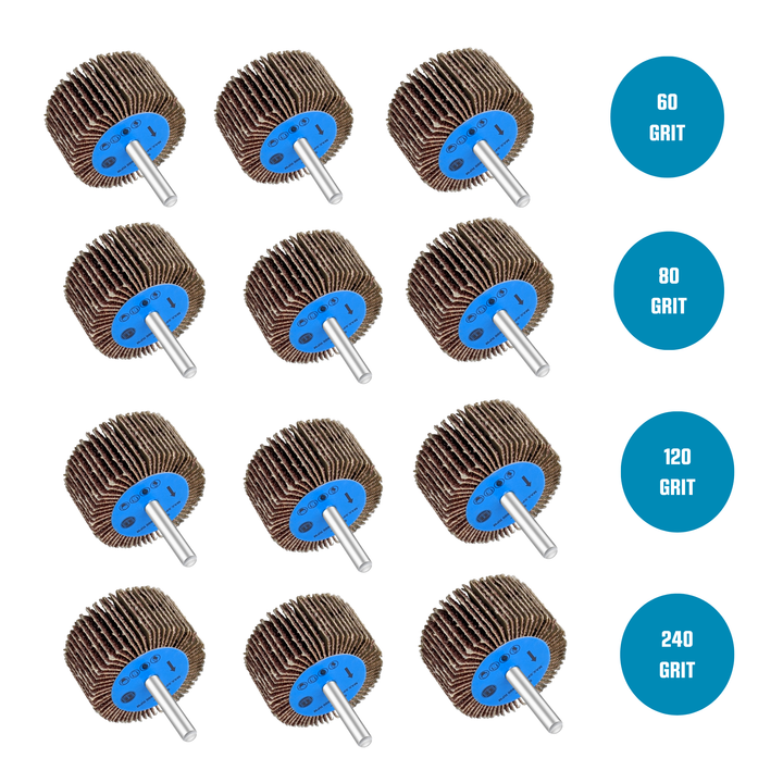12pc Flap Sanding Wheels for Drill and Die Grinder Wood and Metal, Assorted Kit Comes in 60, 80, 100, 240 Grit