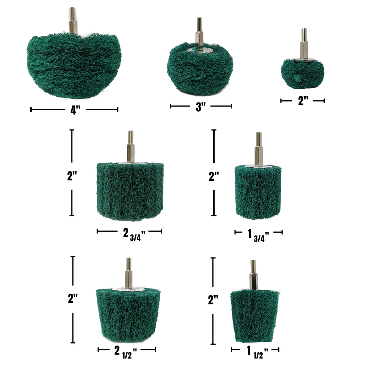Tampons de forage abrasifs non tissés 7 pièces, montés sur tige de 1/4 de pouce - Vert - Moyen