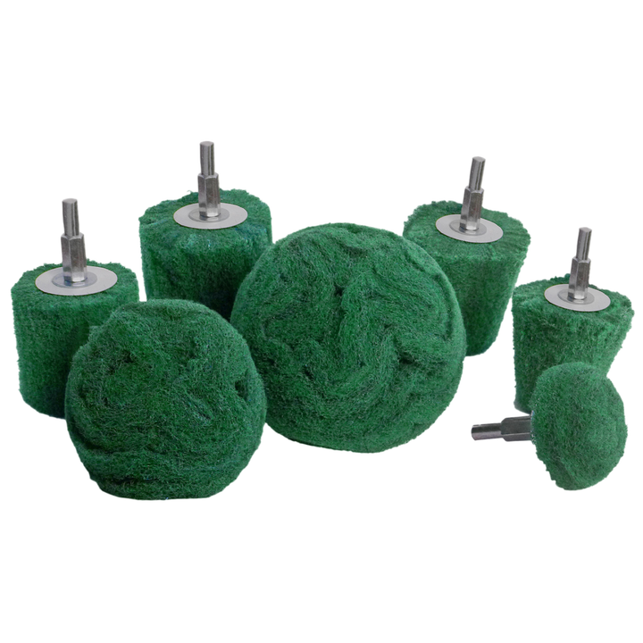 Tampons de forage abrasifs non tissés 7 pièces, montés sur tige de 1/4 de pouce - Vert - Moyen
