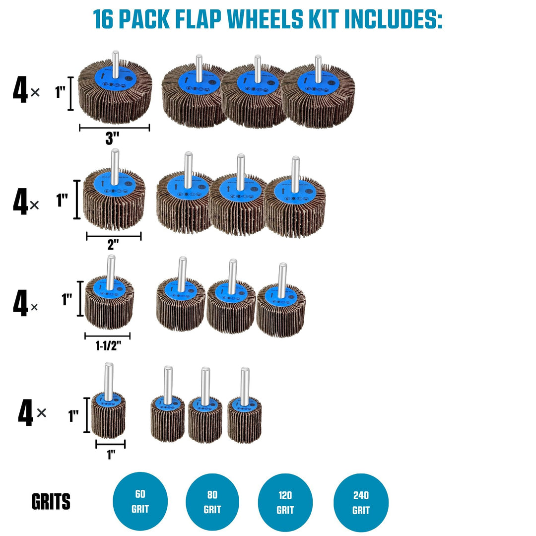 LINE10 Tools 16pk Flap Sanding Wheels Kit fits Drill and Die Grinder for Wood and Metal