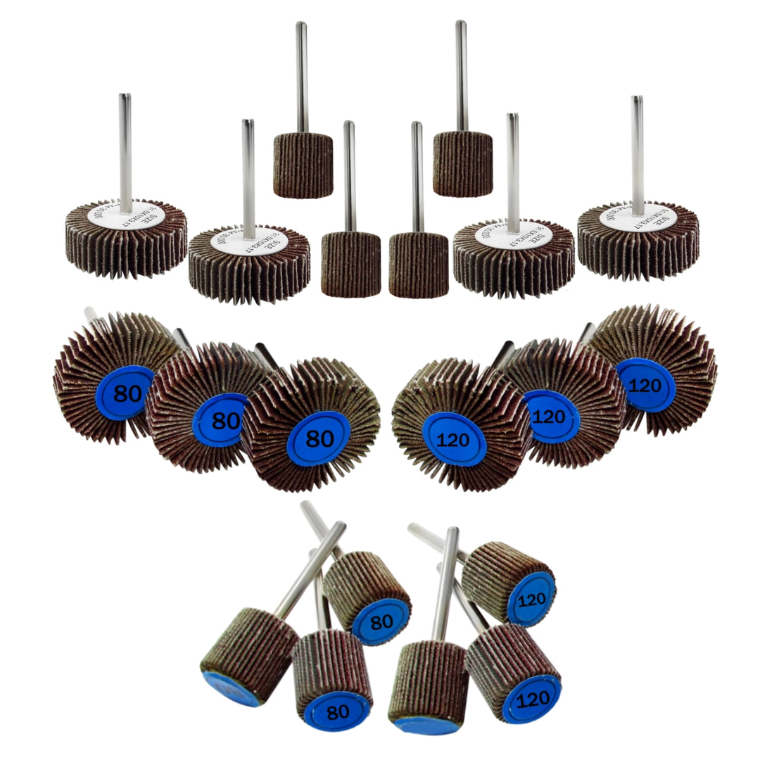 Kit de accesorios de rueda de lijado de aletas para herramienta rotativa | Vástago de 1/8", paquete de 20