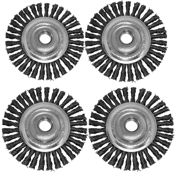 4pk 4-Inch Knotted Wire Wheel for Angle Grinder 1/4-Inch Precision Knots Heavy Duty Twisted Carbon Steel Metal Brush Grinding Attachments 5/8-11 Threaded Arbor for Rust, Paint