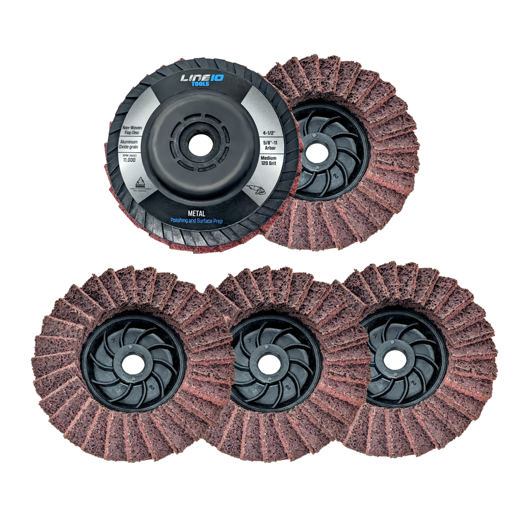 5pk Red Non-Woven Abrasive Flap Disc, 120 Grit with 5/8-11 Threaded Arbor for 4-1/2" Angle Grinder