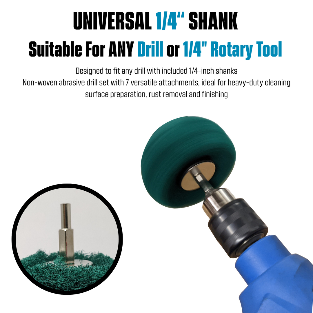 7pk Non Woven Abrasive Drill Buffing Attachment Set, Green, Coarse