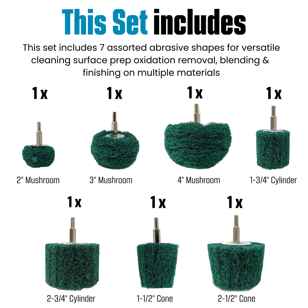 7pk Non Woven Abrasive Drill Buffing Attachment Set, Green, Coarse