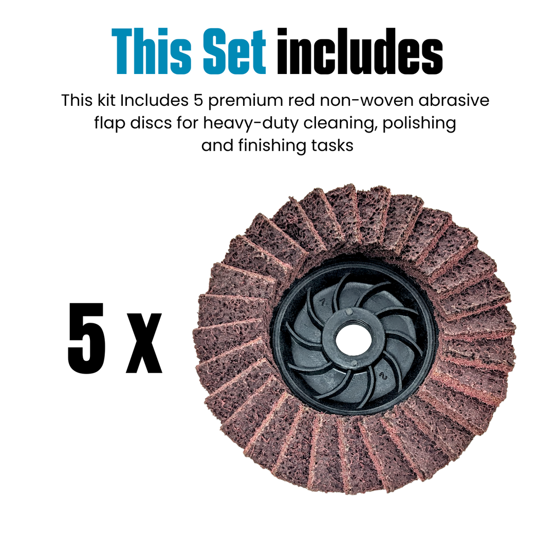 5pk Red Non-Woven Abrasive Flap Disc, 120 Grit with 5/8-11 Threaded Arbor for 4-1/2" Angle Grinder