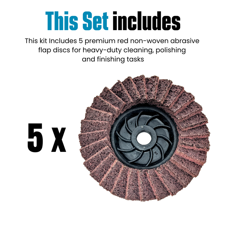 5pk Red Non-Woven Abrasive Flap Disc, 120 Grit with 5/8-11 Threaded Arbor for 4-1/2" Angle Grinder