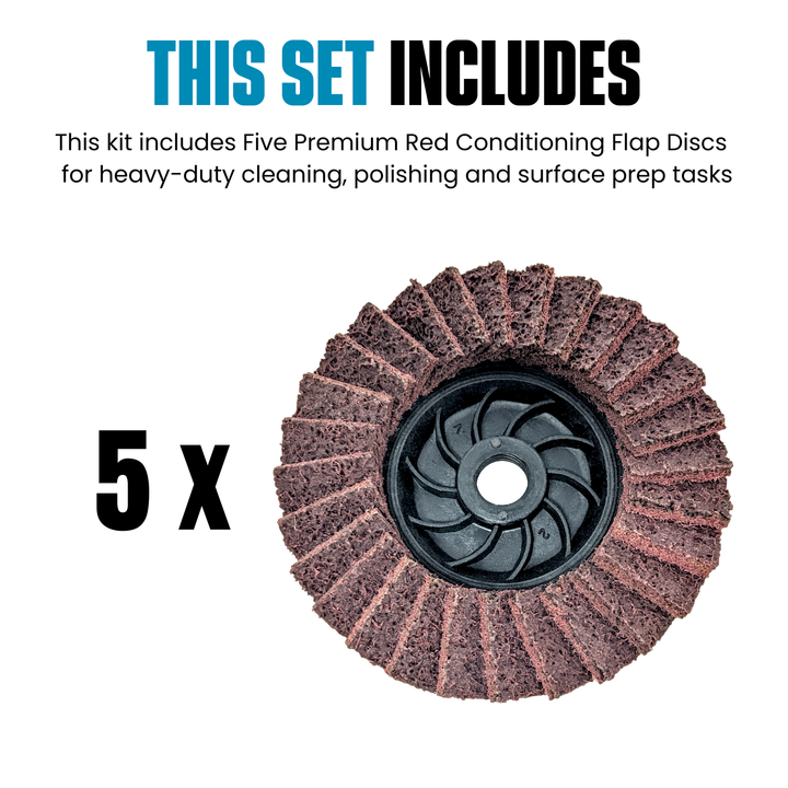5pk Red Non-Woven Abrasive Flap Disc, 120 Grit with 5/8-11 Threaded Arbor for 4-1/2" Angle Grinder