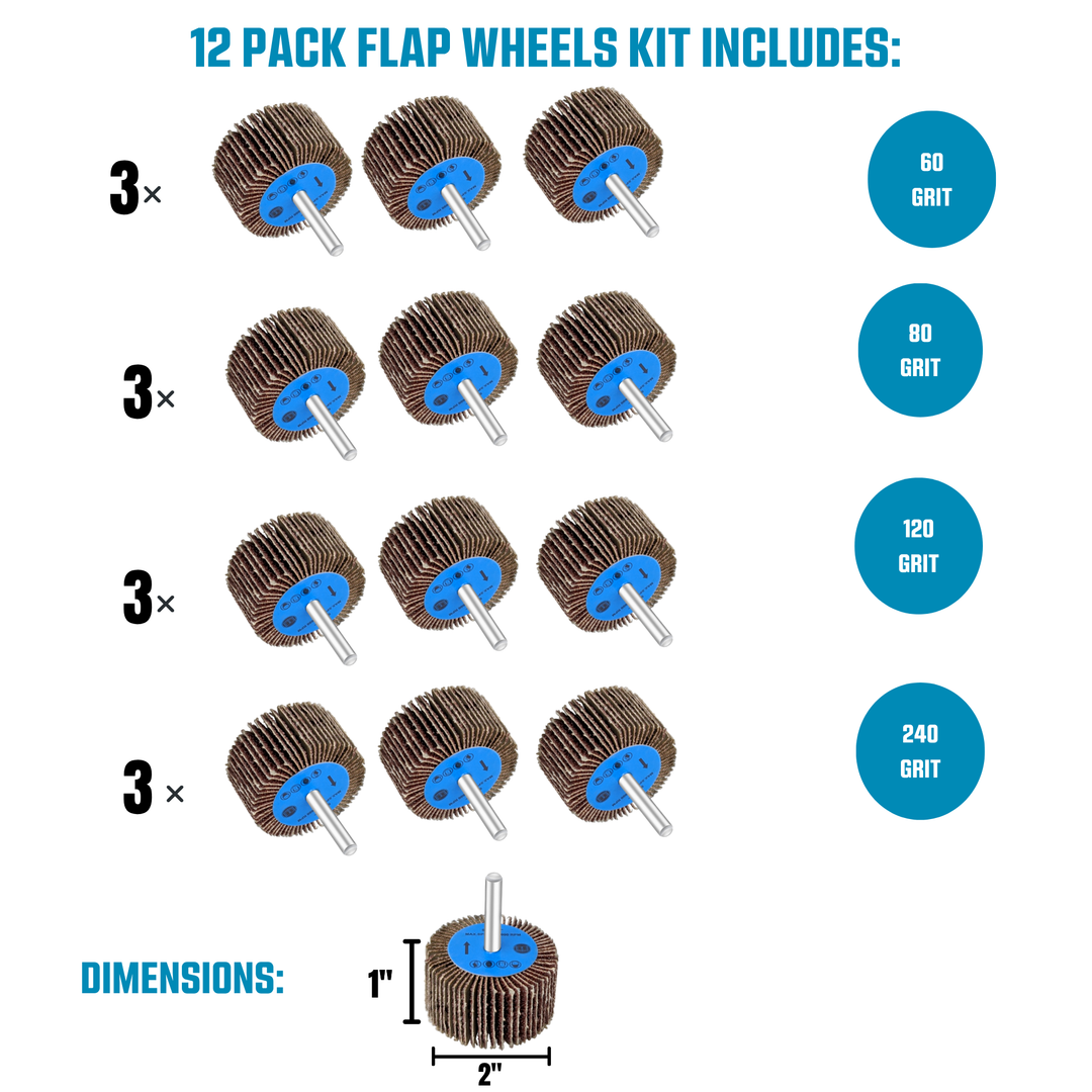 12pc Flap Sanding Wheels for Drill and Die Grinder Wood and Metal, Assorted Kit Comes in 60, 80, 100, 240 Grit