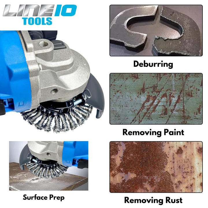 4pk 4-Inch Knotted Wire Wheel for Angle Grinder 1/4-Inch Precision Knots Heavy Duty Twisted Carbon Steel Metal Brush Grinding Attachments 5/8-11 Threaded Arbor for Rust, Paint