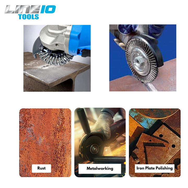 4pk 4-Inch Knotted Wire Wheel for Angle Grinder 1/4-Inch Precision Knots Heavy Duty Twisted Carbon Steel Metal Brush Grinding Attachments 5/8-11 Threaded Arbor for Rust, Paint