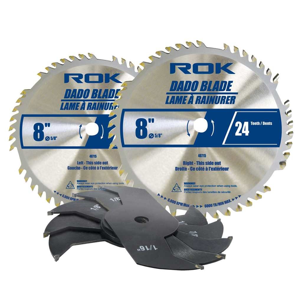 8″ Stacked Dado Set, 24-Tooth, 5/8″ Arbor, Adjustable Cutting Width, Flat-Bottom Grooves, Aluminum Carry Case