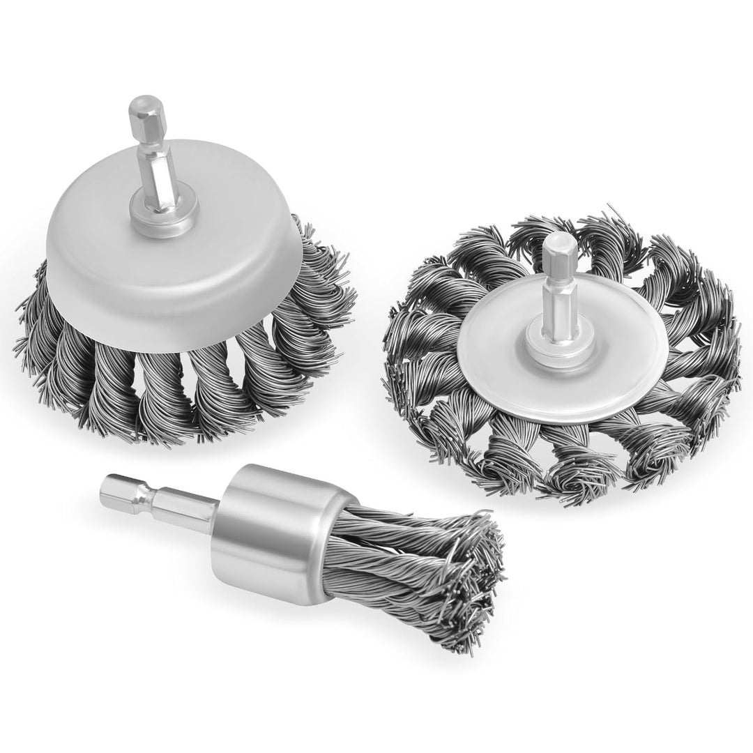 3pk 3" Knotted Drill Wire Brush, Hex Shank, Impact Driver