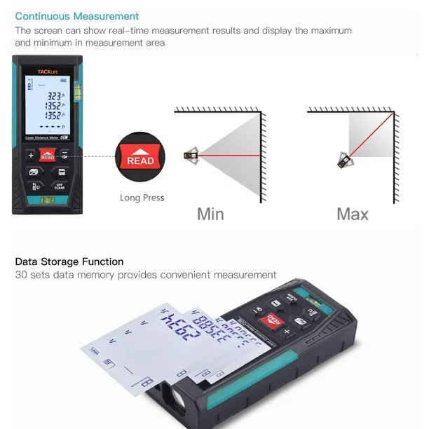Laser Distance Meter 196Ft, Pythagorean Mode, Mute - Blue
