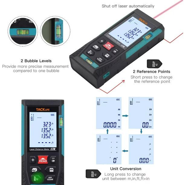 Laser Distance Meter 196Ft, Pythagorean Mode, Mute - Blue