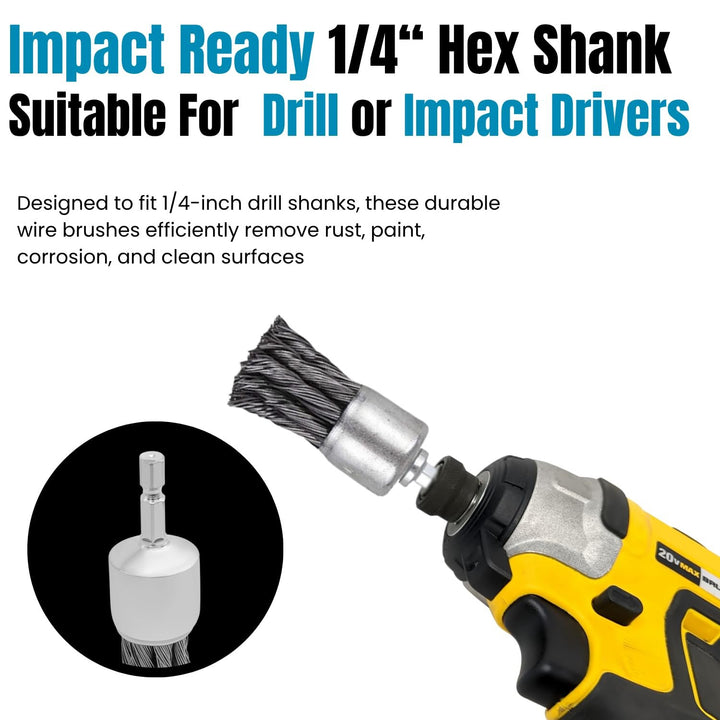 10pk 1" Knotted Wire End Brush for Drill, 1/4" Hex Shank