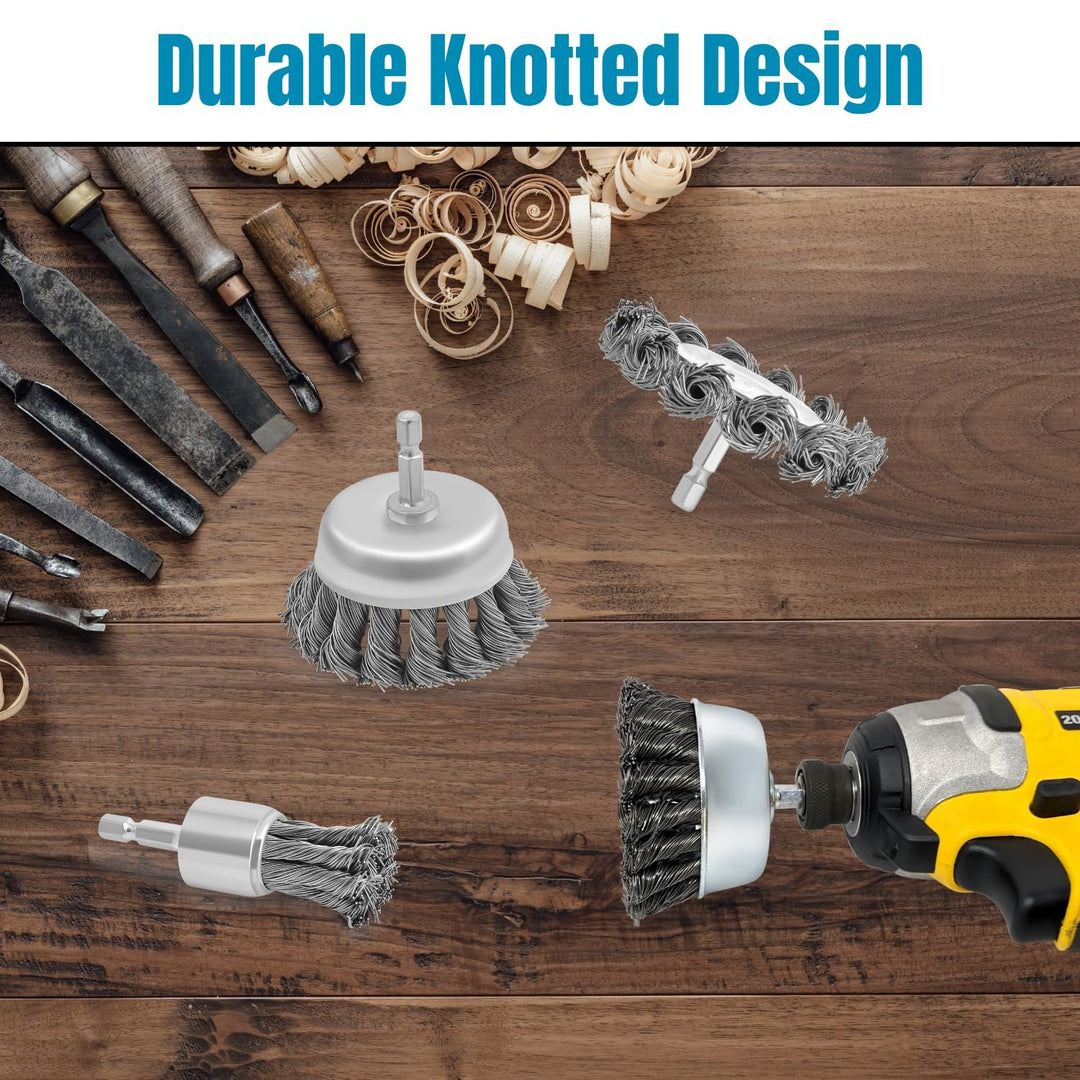4pk 3" Knotted Wire Cup Brush for Drill, 1/4" Hex Shank