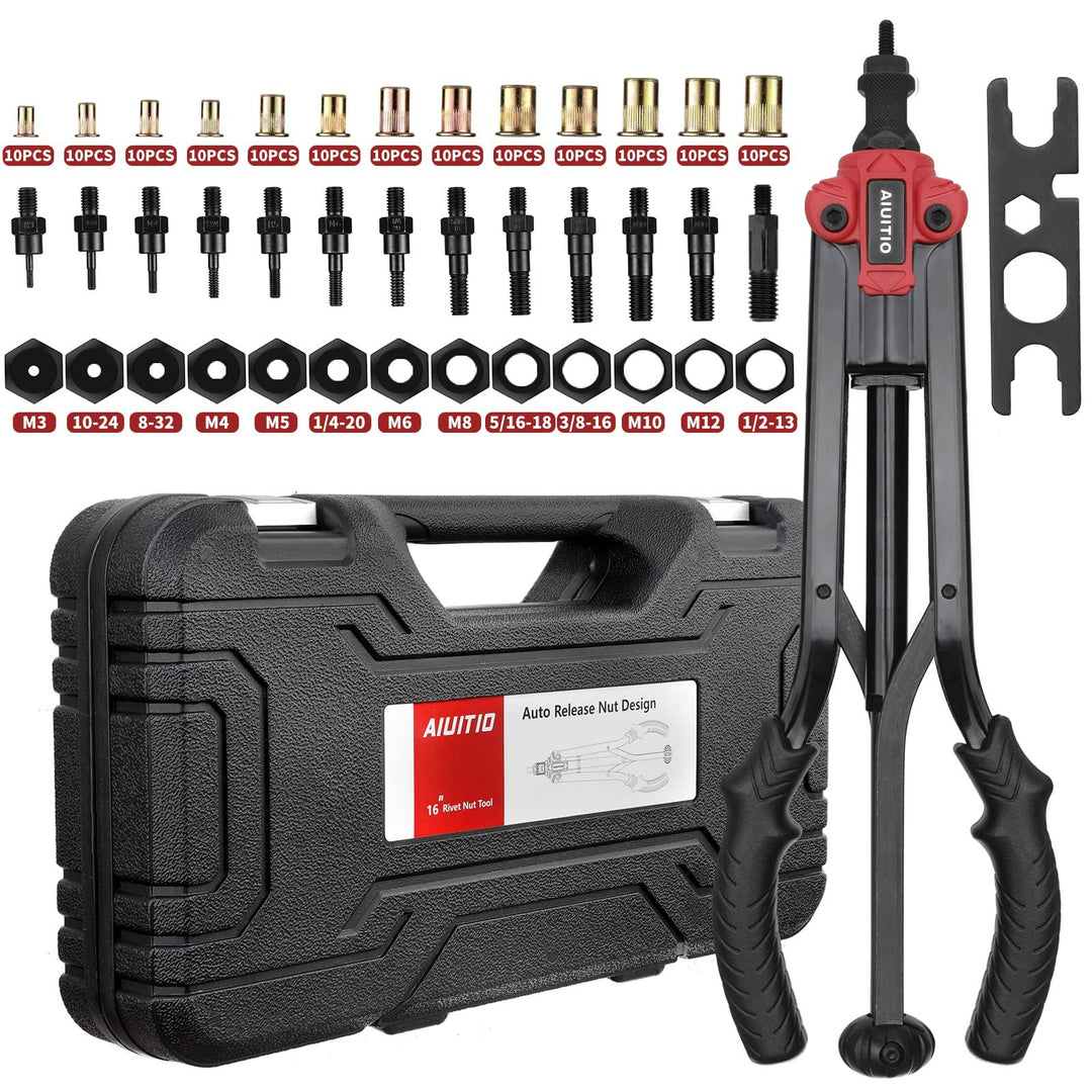 16'' Rivet Nut Tool, Auto Release Nut Rivnut Tool Kit with 130 pc Rivet Nuts 13 Metric and SAE