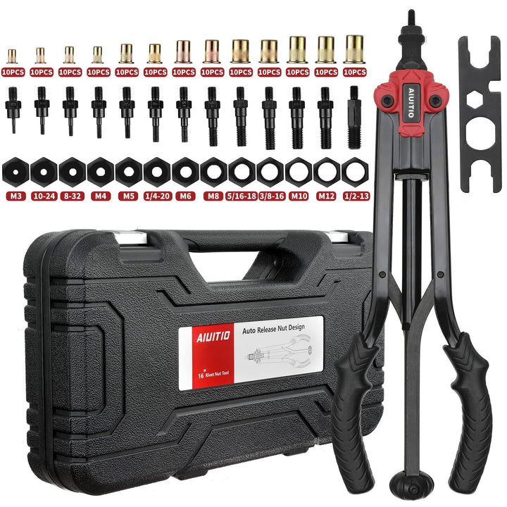 16'' Rivet Nut Tool, Auto Release Nut Rivnut Tool Kit with 130 pc Rivet Nuts 13 Metric and SAE