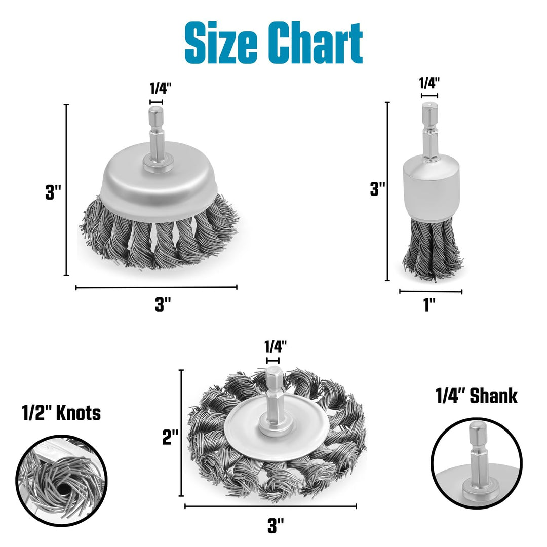 3pk 3" Knotted Drill Wire Brush, Hex Shank, Impact Driver