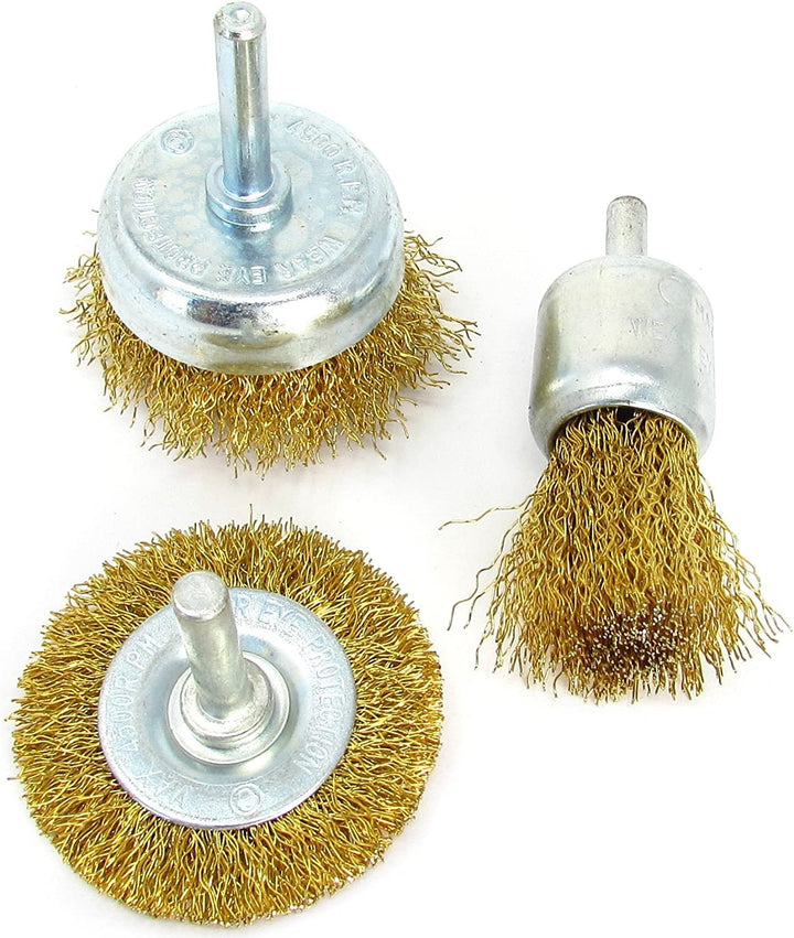 3pc Drill Wire Brush Set, Wheel, Cup, End Brush, Brass-Coated Steel Bristles