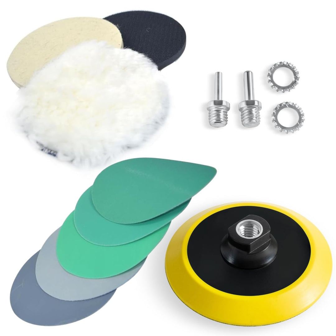 Glass Epoxy Resin Plastics Sanding Polishing Kit for Drill or Orbital Sander Polisher or Angle Grinder with Hook and Loop Backing Plate Wool Felt Buffing Pads Green Film Wet Dry Sandpaper