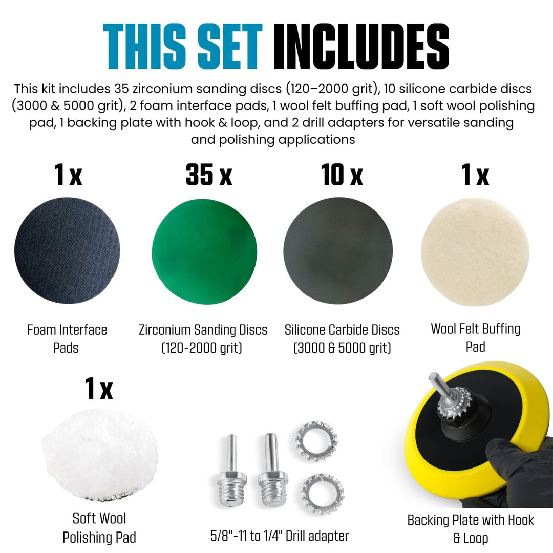 Glass Epoxy Resin Plastics Sanding Polishing Kit for Drill or Orbital Sander Polisher or Angle Grinder with Hook and Loop Backing Plate Wool Felt Buffing Pads Green Film Wet Dry Sandpaper