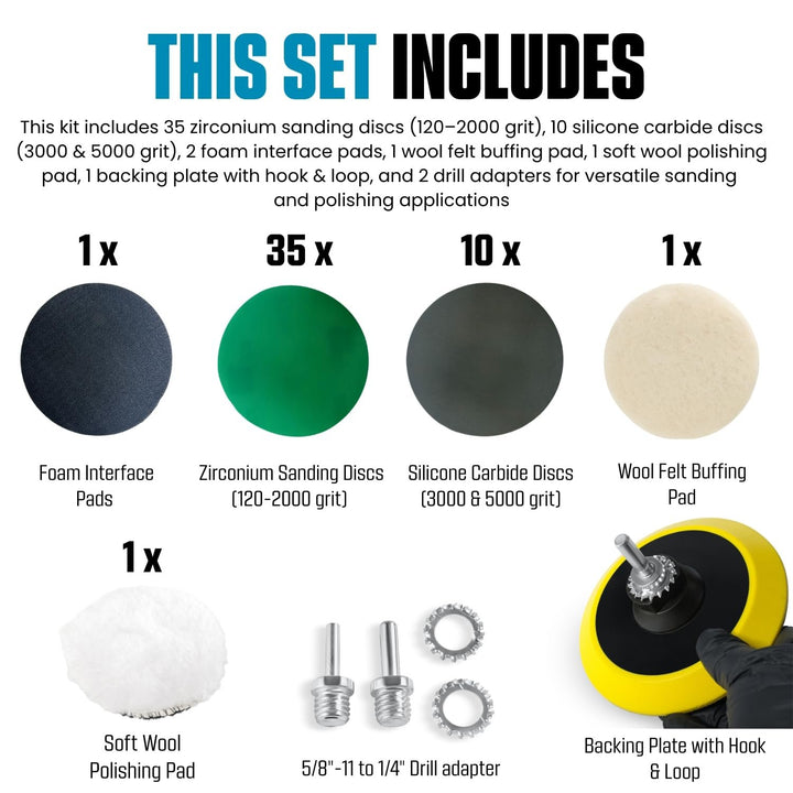 Glass Epoxy Resin Plastics Sanding Polishing Kit for Drill or Orbital Sander Polisher or Angle Grinder with Hook and Loop Backing Plate Wool Felt Buffing Pads Green Film Wet Dry Sandpaper