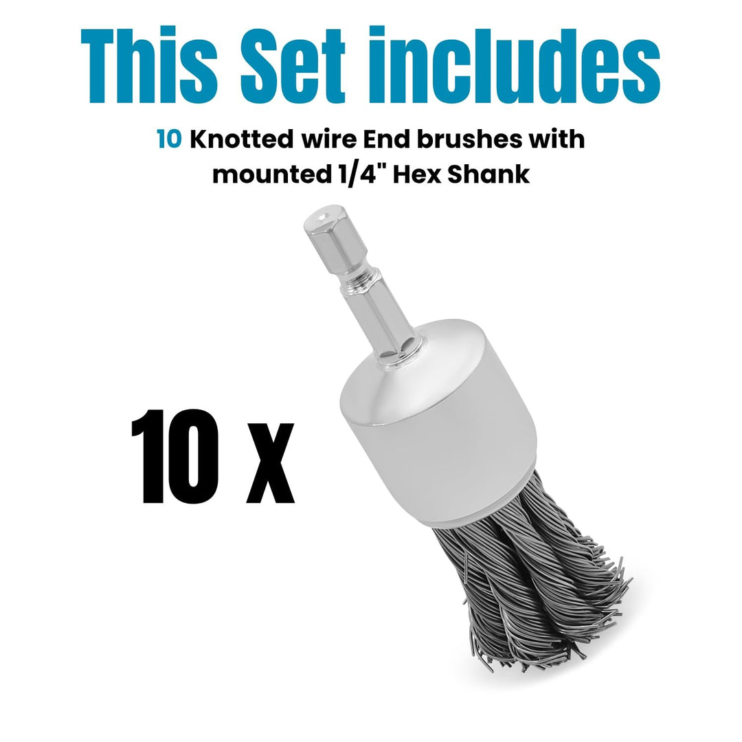 10pk 1" Knotted Wire End Brush for Drill, 1/4" Hex Shank