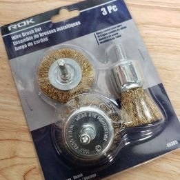 3pc Drill Wire Brush Set, Wheel, Cup, End Brush, Brass-Coated Steel Bristles