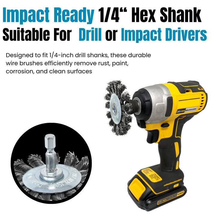 5pk 3" Knotted Wire Brush for Drill, 1/4" Hex Shank