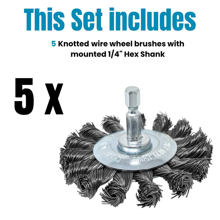 5pk 3" Knotted Wire Brush for Drill, 1/4" Hex Shank