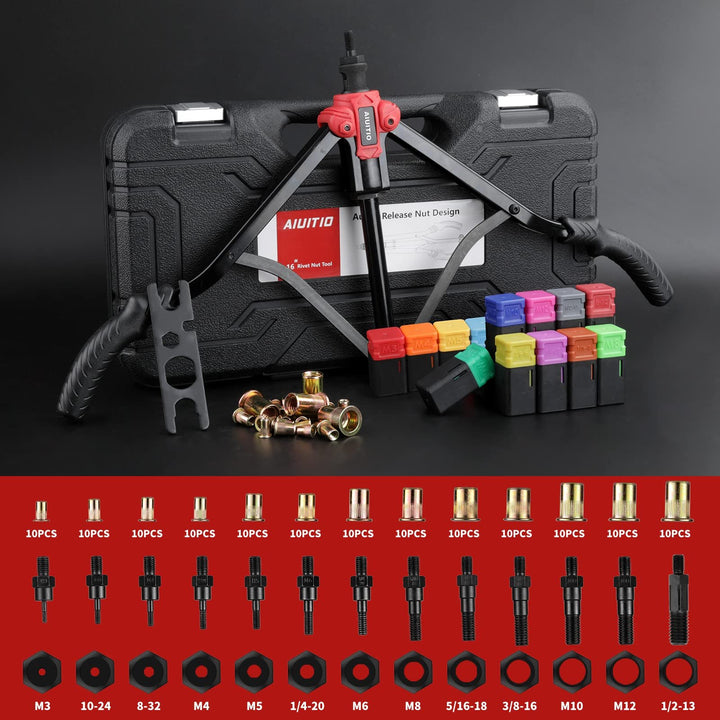 16'' Rivet Nut Tool, Auto Release Nut Rivnut Tool Kit with 130 pc Rivet Nuts 13 Metric and SAE