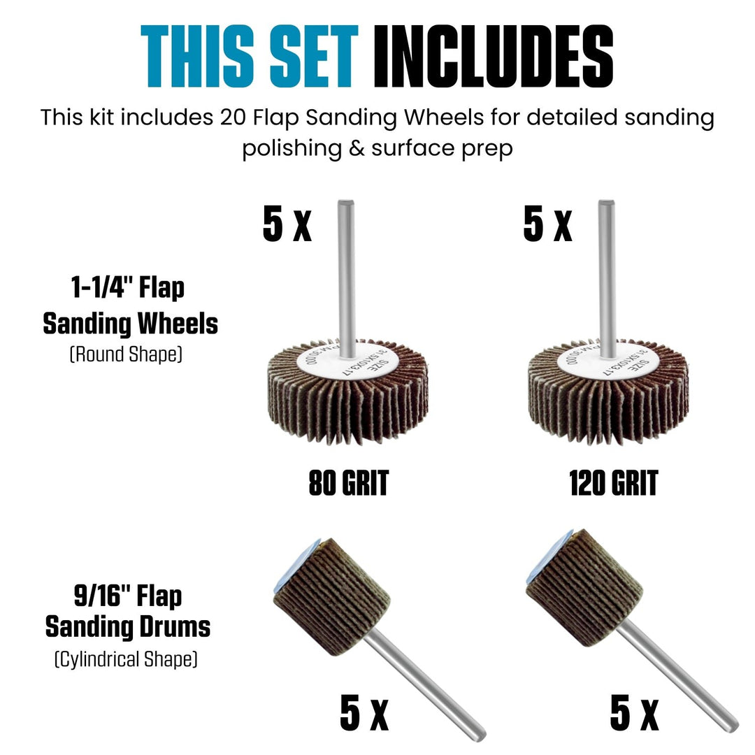 Mini Flap Sanding Wheel Kit for Rotary Tools, 1/8" Shank, 20pk