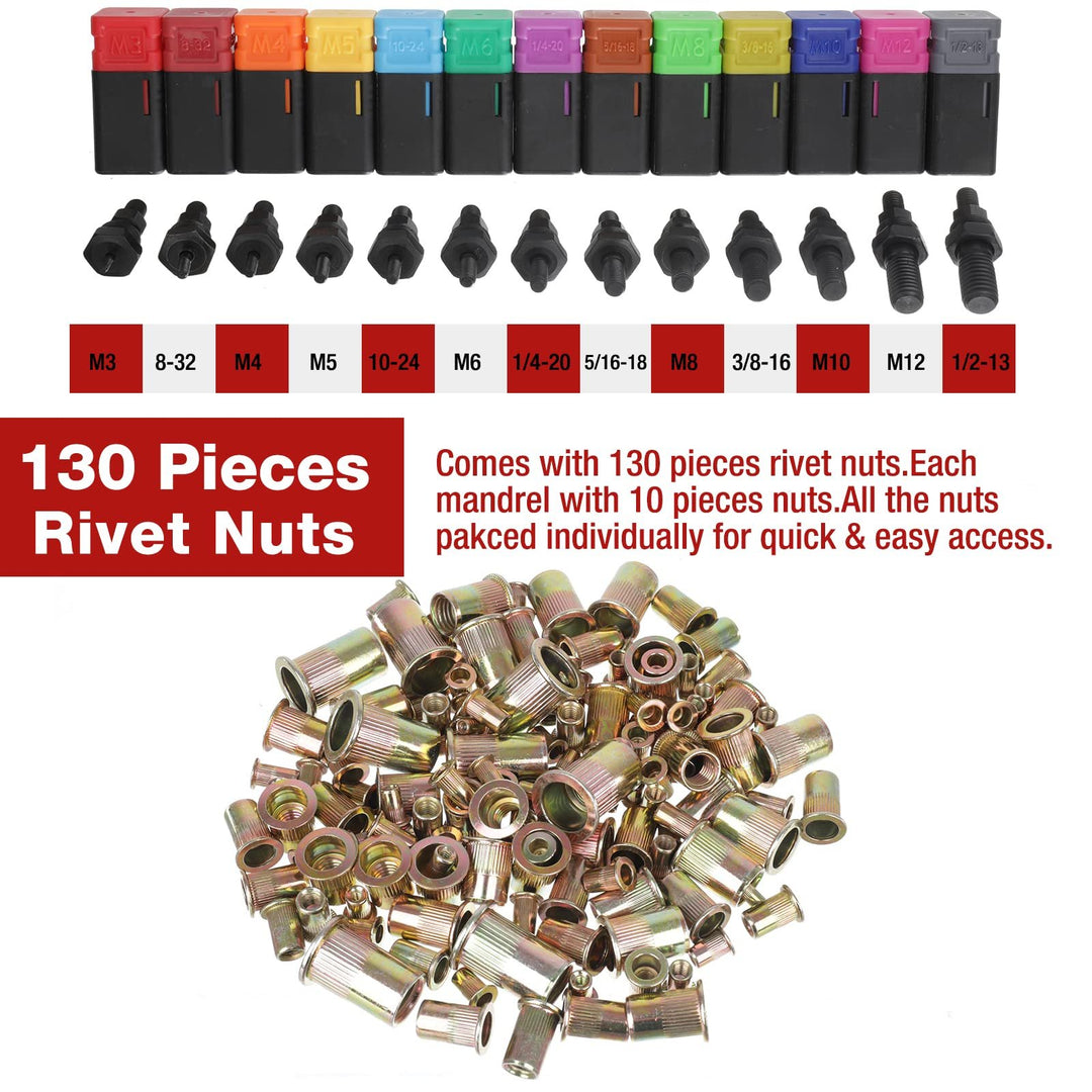 16'' Rivet Nut Tool, Auto Release Nut Rivnut Tool Kit with 130 pc Rivet Nuts 13 Metric and SAE