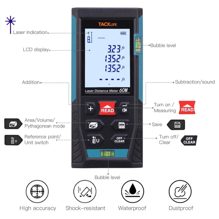 Laser Distance Meter 196Ft, Pythagorean Mode, Mute - Blue