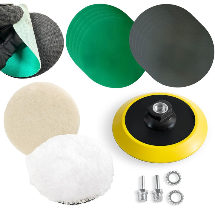 Glass Epoxy Resin Plastics Sanding Polishing Kit for Drill or Orbital Sander Polisher or Angle Grinder with Hook and Loop Backing Plate Wool Felt Buffing Pads Green Film Wet Dry Sandpaper