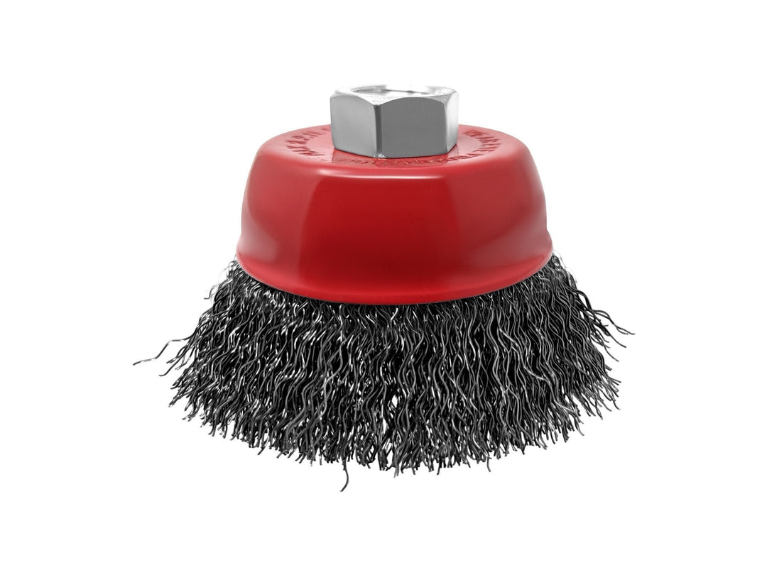 Cepillo de copa de alambre de 3 pulgadas con eje de 5/8-11 para amoladora angular con cerdas de acero al carbono