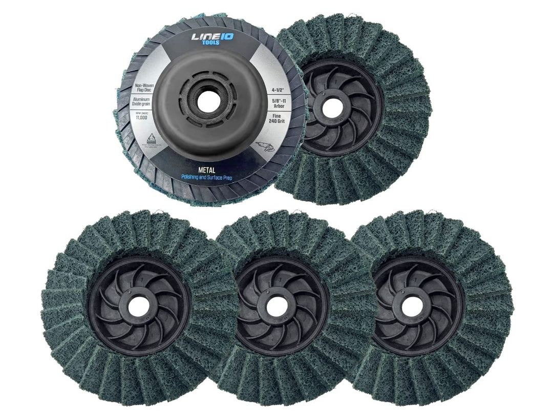 Paquete de 5 discos de láminas abrasivos no tejidos verdes de 4-1/2" con eje roscado de 5/8-11 para amoladora angular