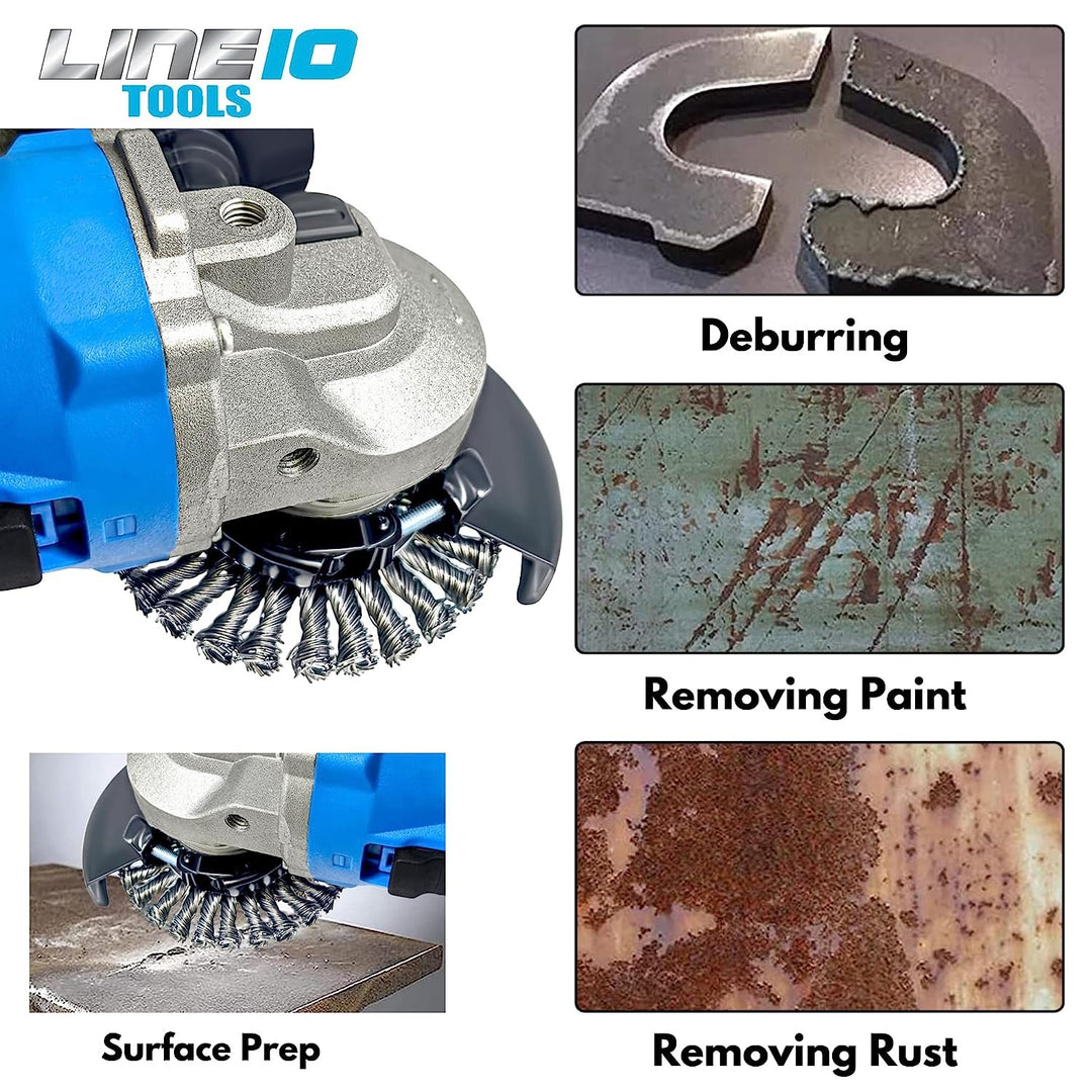 LINE10 Tools - Juego de 4 cepillos de rueda de alambre circular anudado de 4 pulgadas para amoladora angular, 1/2 pulgada de grosor, para limpieza de óxido de alta resistencia 