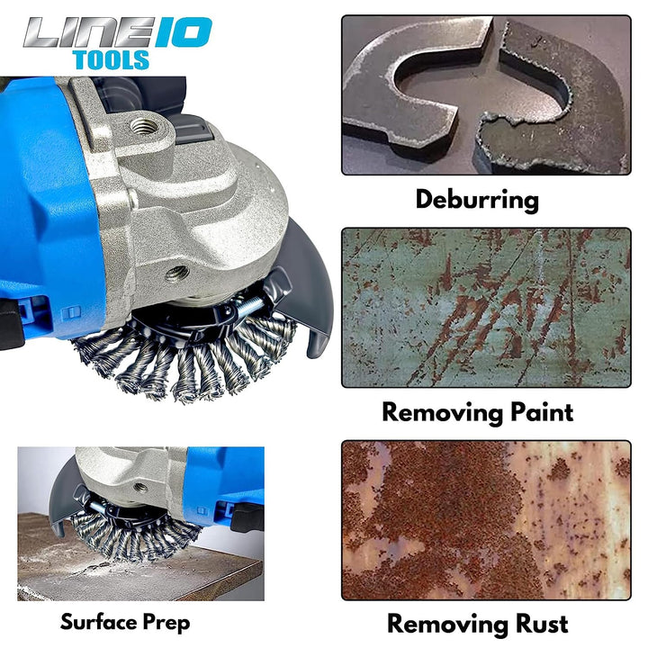 LINE10 Tools - Juego de 4 cepillos de rueda de alambre circular anudado de 4 pulgadas para amoladora angular, 1/2 pulgada de grosor, para limpieza de óxido de alta resistencia 